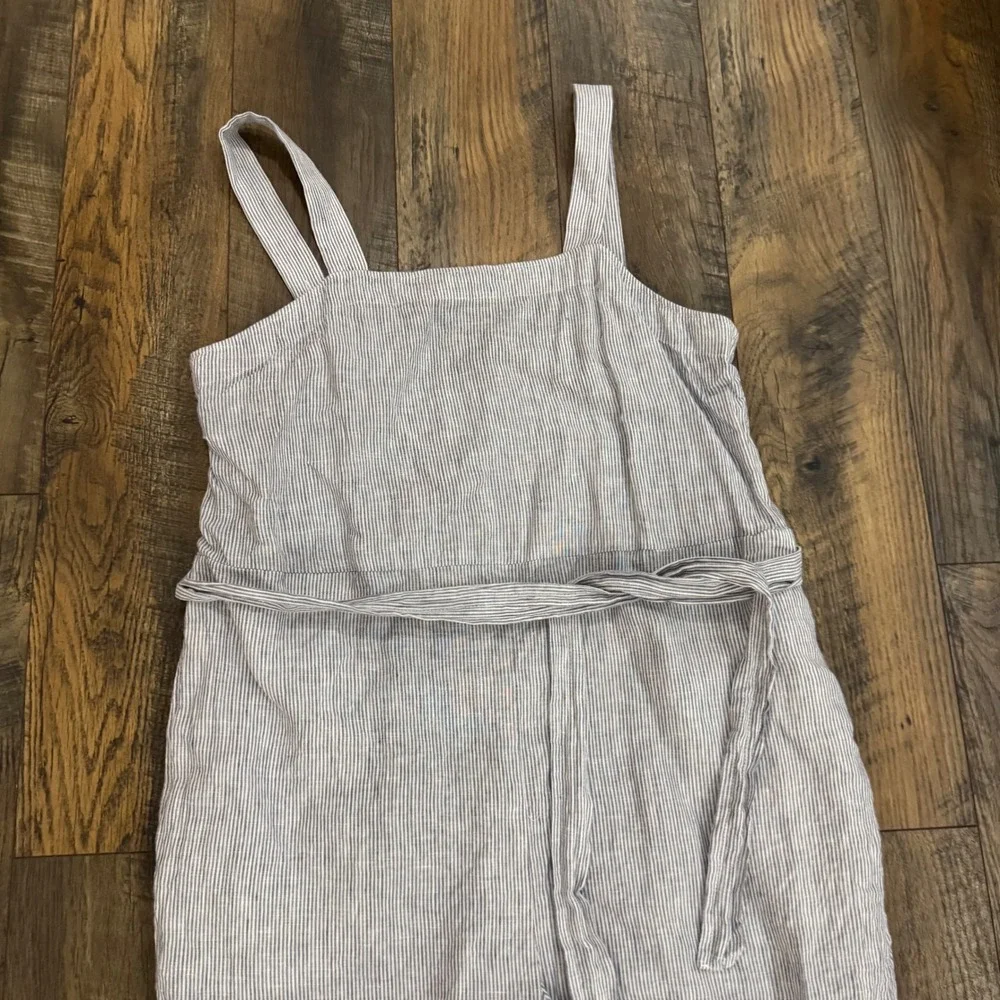 Quince 100% European Linen Pinstripe Wide Leg Belted Jumpsuit Blue White XL